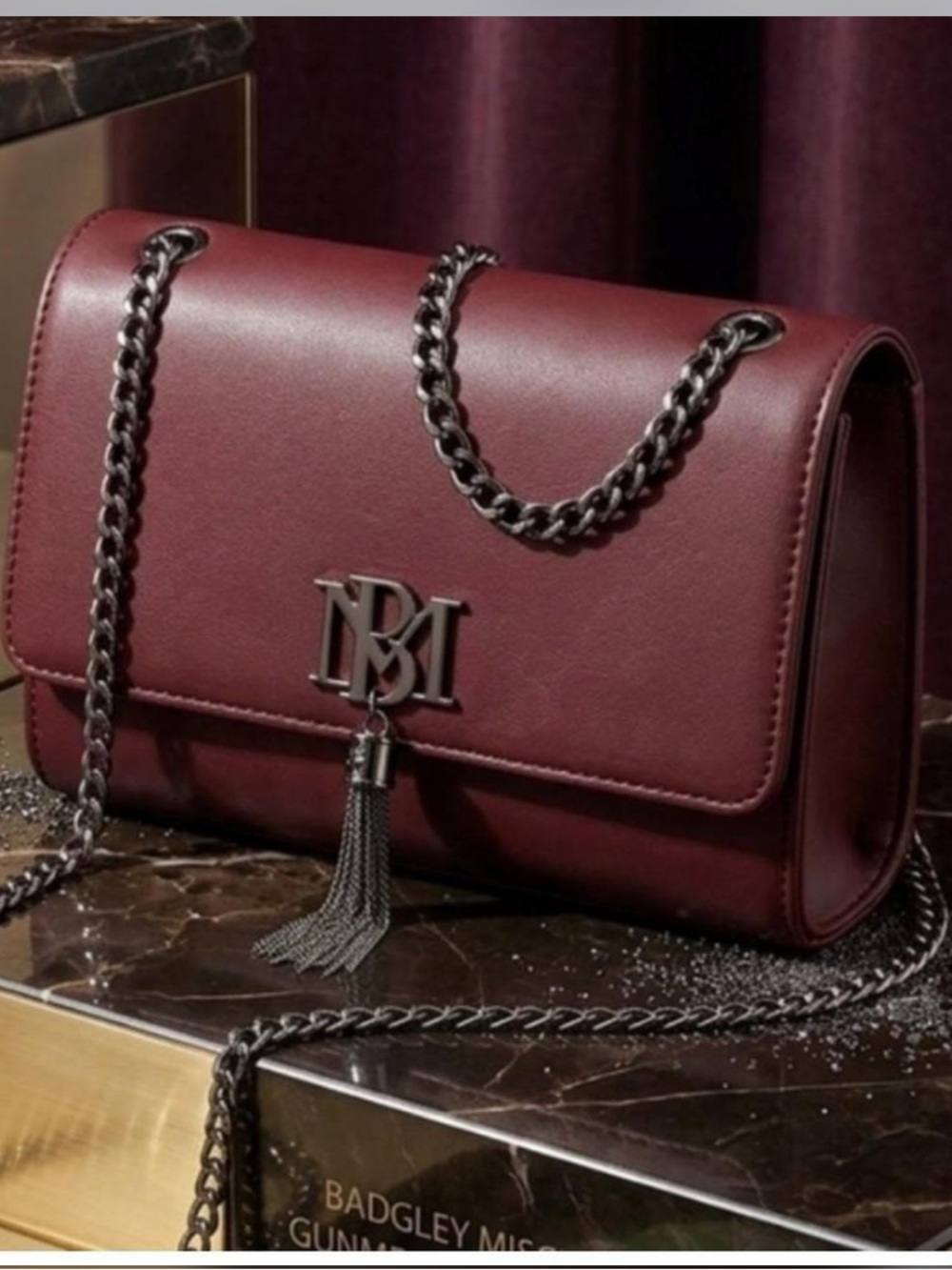 Badgley Mischka Leather/Gunmetal Chain Crossbody Bag